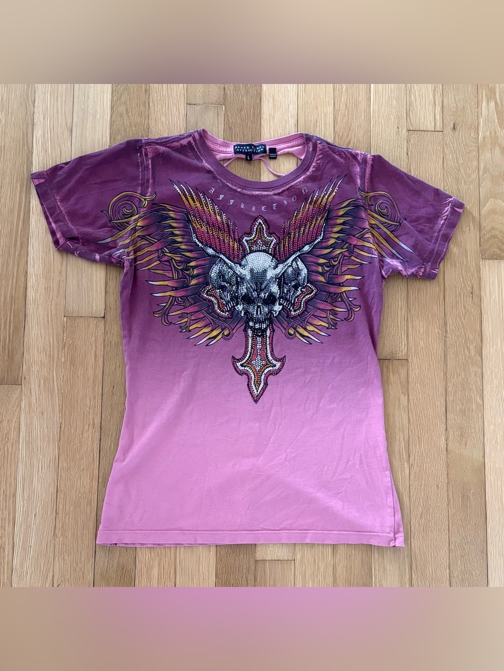 Vintage Affliction Black Label Hyper Speed Shirt Y2K Rose Braided Cutout Back L